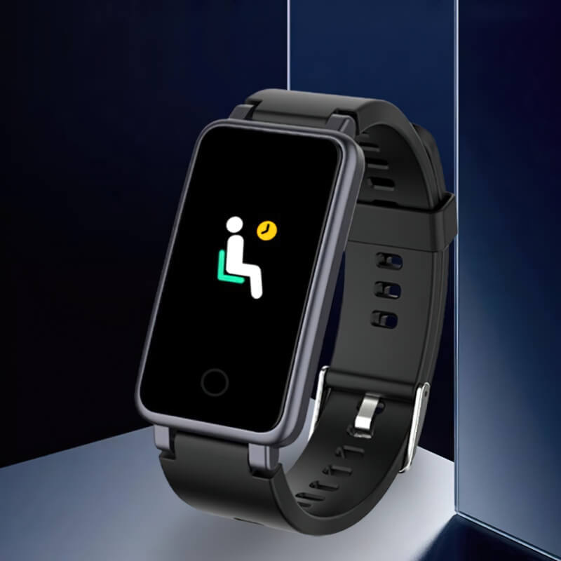 Waterproof fitness tracking smart bracelet with black band, displays exercise icon, compatible with Android/IOS, IP67 rated, Bluetooth 5.0.